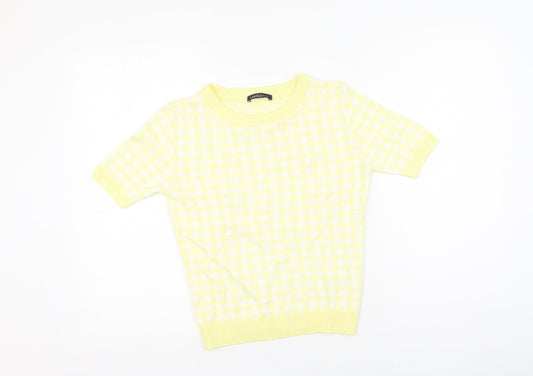 Marks and Spencer Womens Yellow Plaid Viscose Basic T-Shirt Size 8 Round Neck
