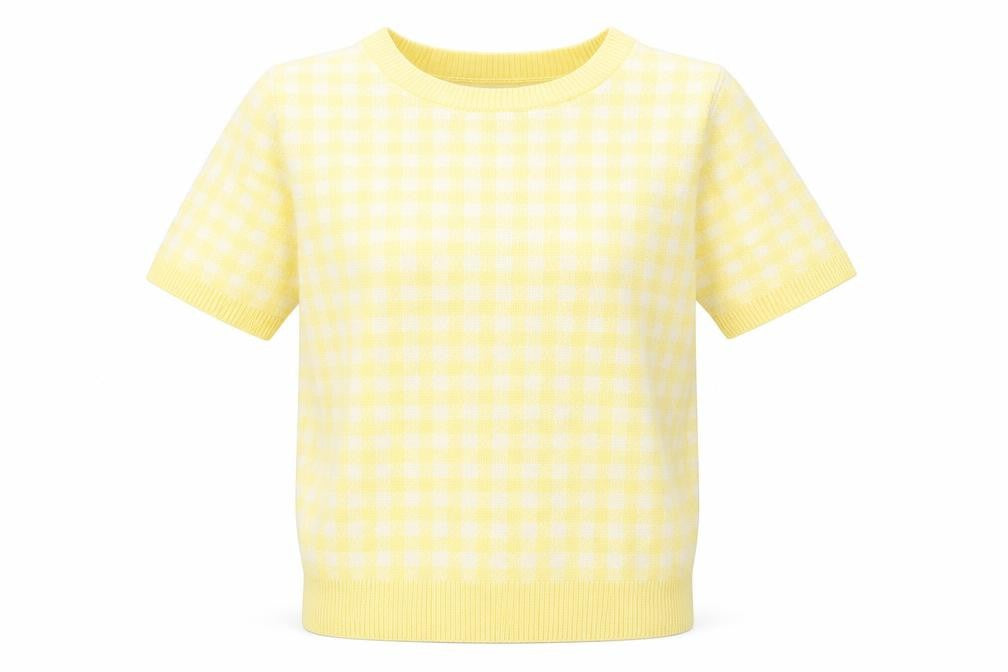 Marks & Spencer Womens Yellow Plaid Viscose Basic T-Shirt Size 8 Round Neck