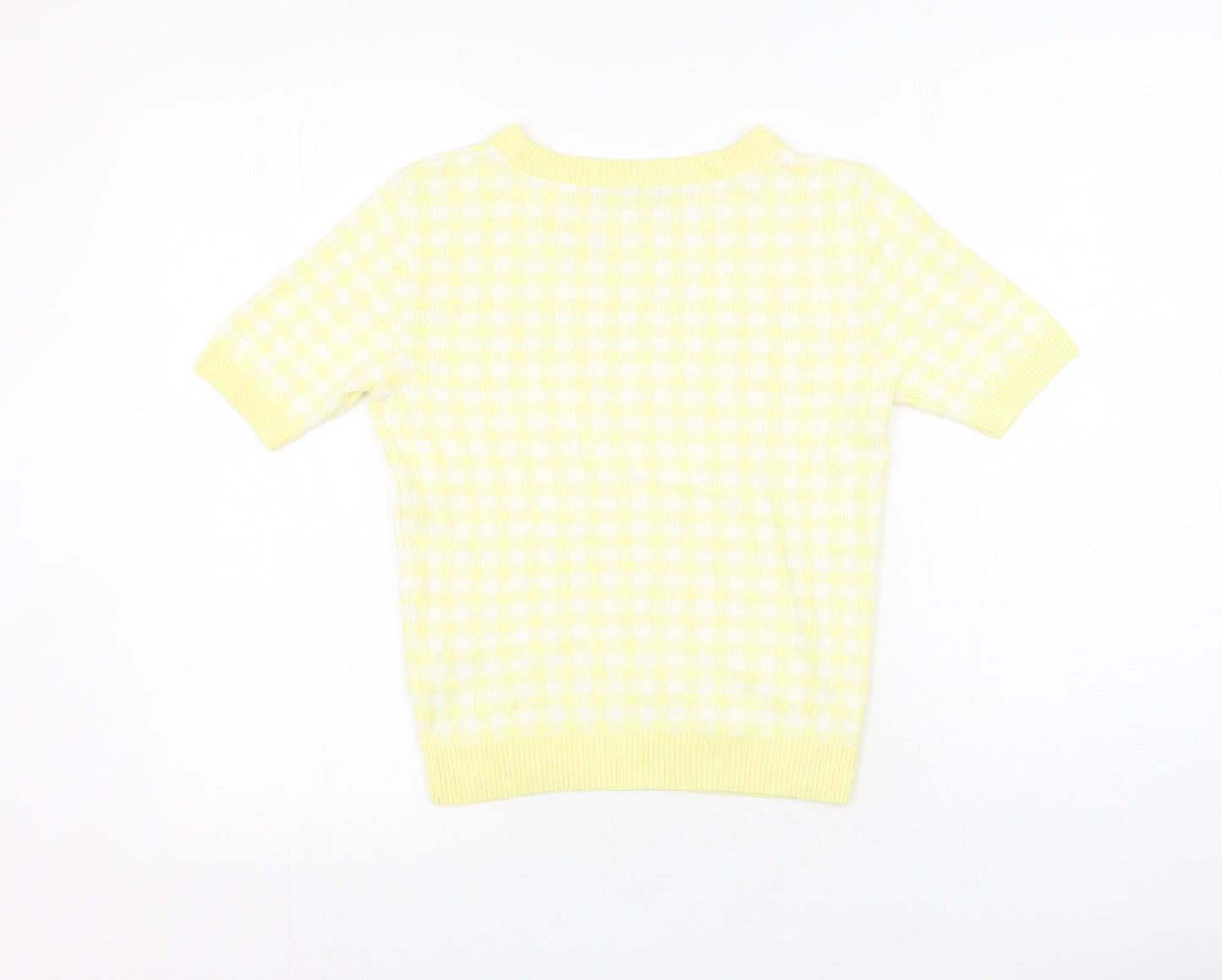 Marks and Spencer Womens Yellow Plaid Viscose Basic T-Shirt Size 8 Round Neck