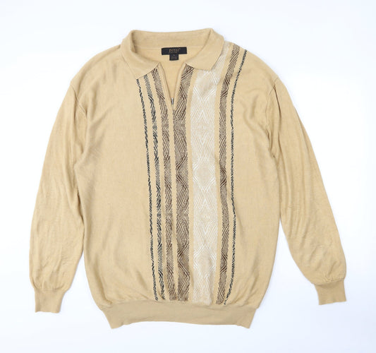Possi Mens Brown Collared Striped Acrylic Pullover Jumper Size XL