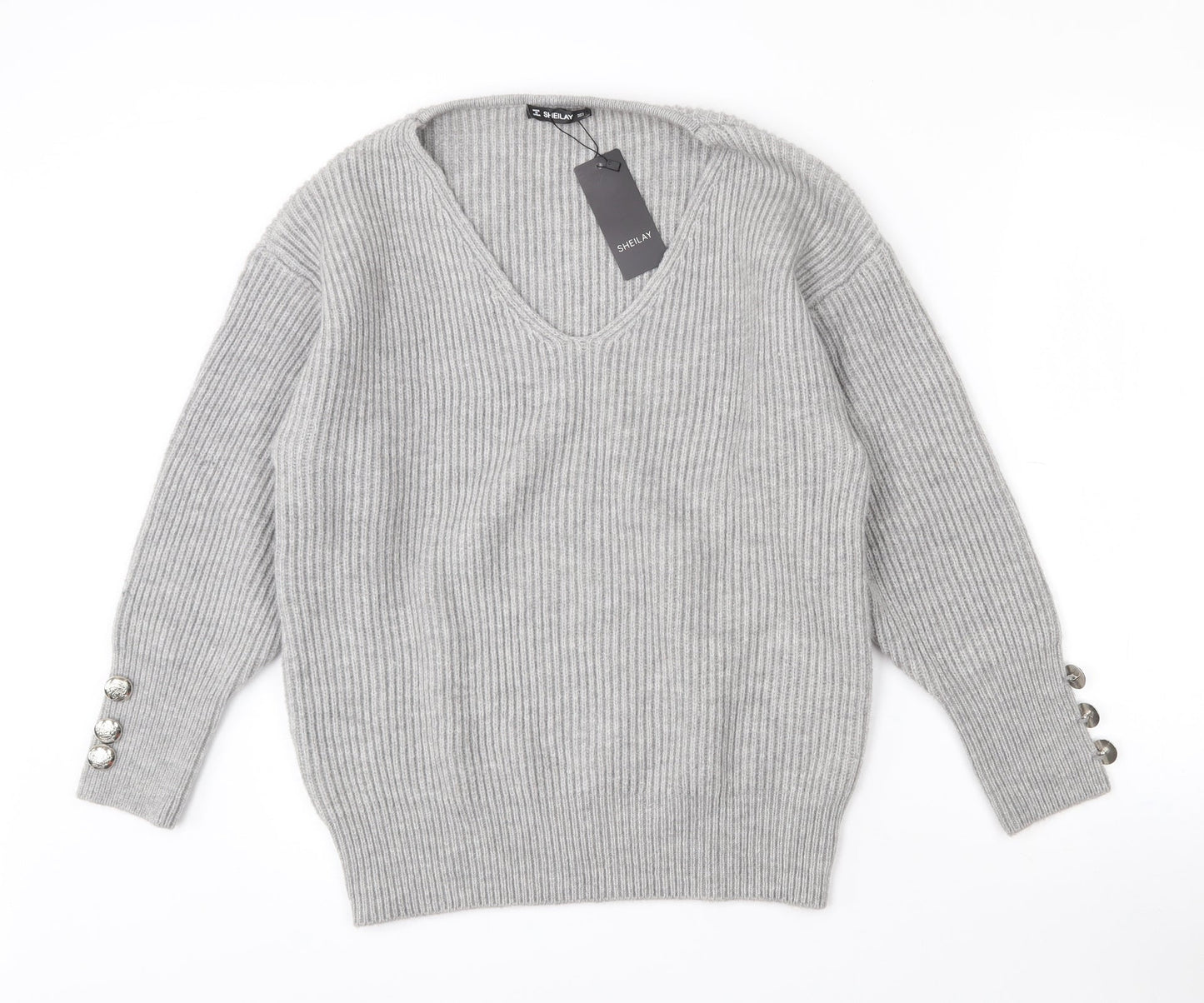 Sheilay Womens Grey V-Neck  Acrylic Pullover Jumper Size 8