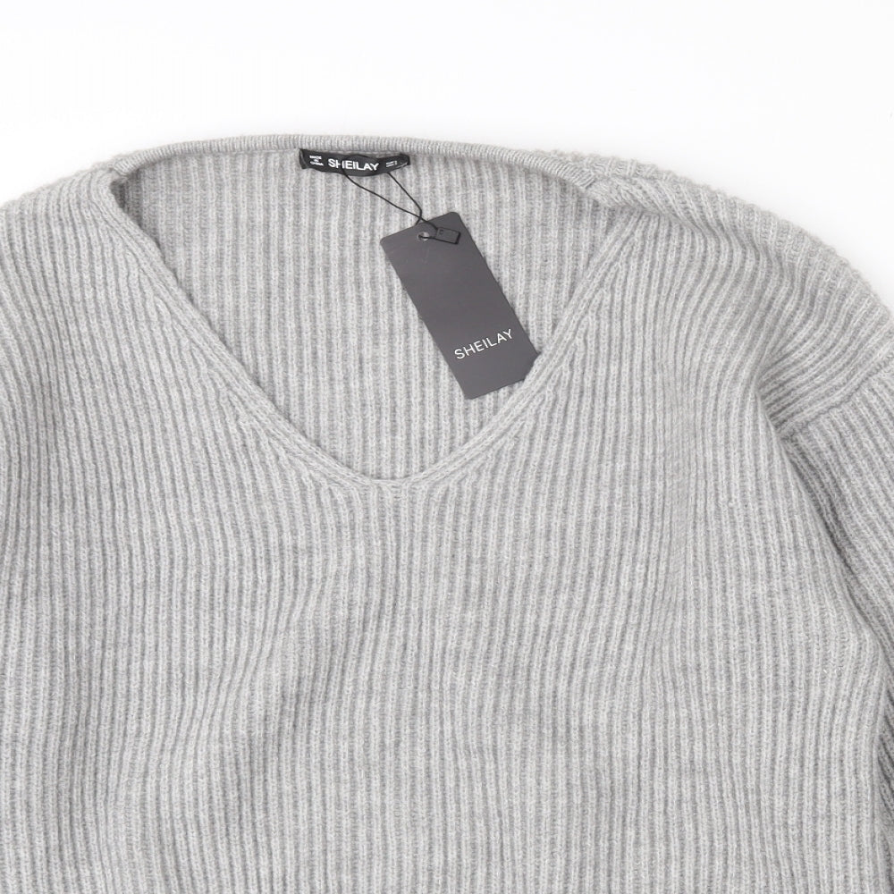 Sheilay Womens Grey V-Neck  Acrylic Pullover Jumper Size 8