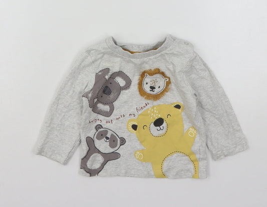 Nutmeg Boys Grey  Cotton Basic T-Shirt Size 6-9 Months Round Neck  - Animal Print