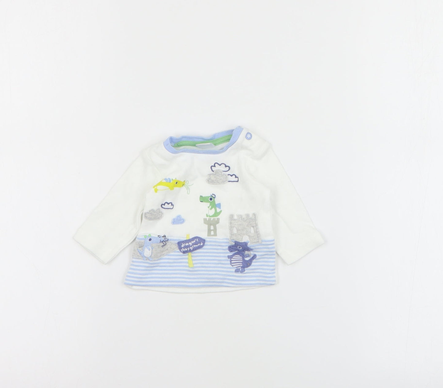 Mini Club  Baby White  Cotton Basic T-Shirt Size 0-3 Months Crew Neck Snap - Dragon