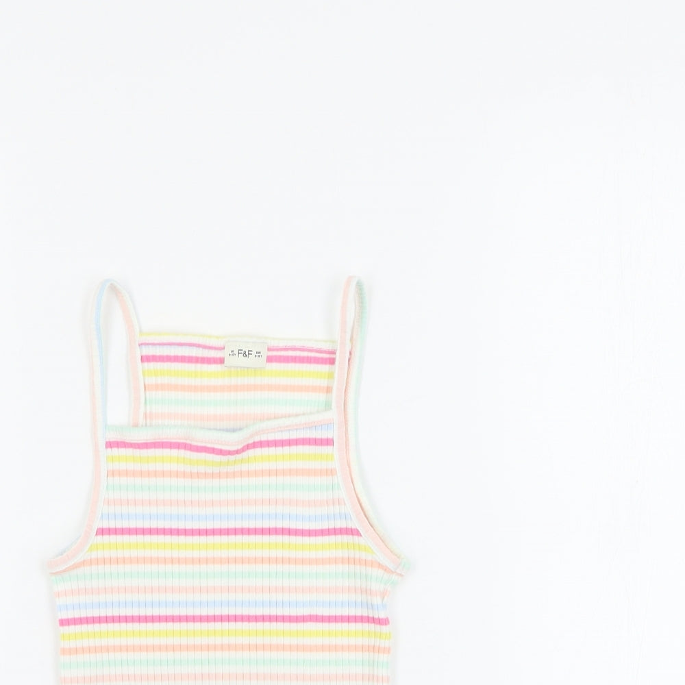 F&F Girls Multicoloured Striped Cotton Basic Tank Size 9-10 Years Square Neck Pullover