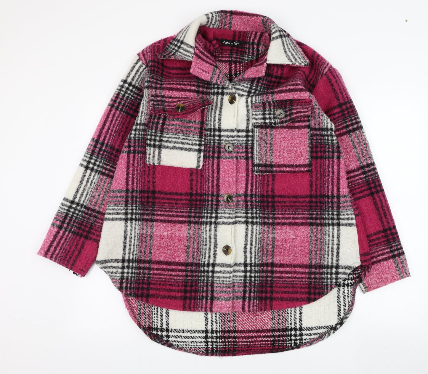 Boohoo Womens Pink Check  Overcoat Coat Size 8  Button