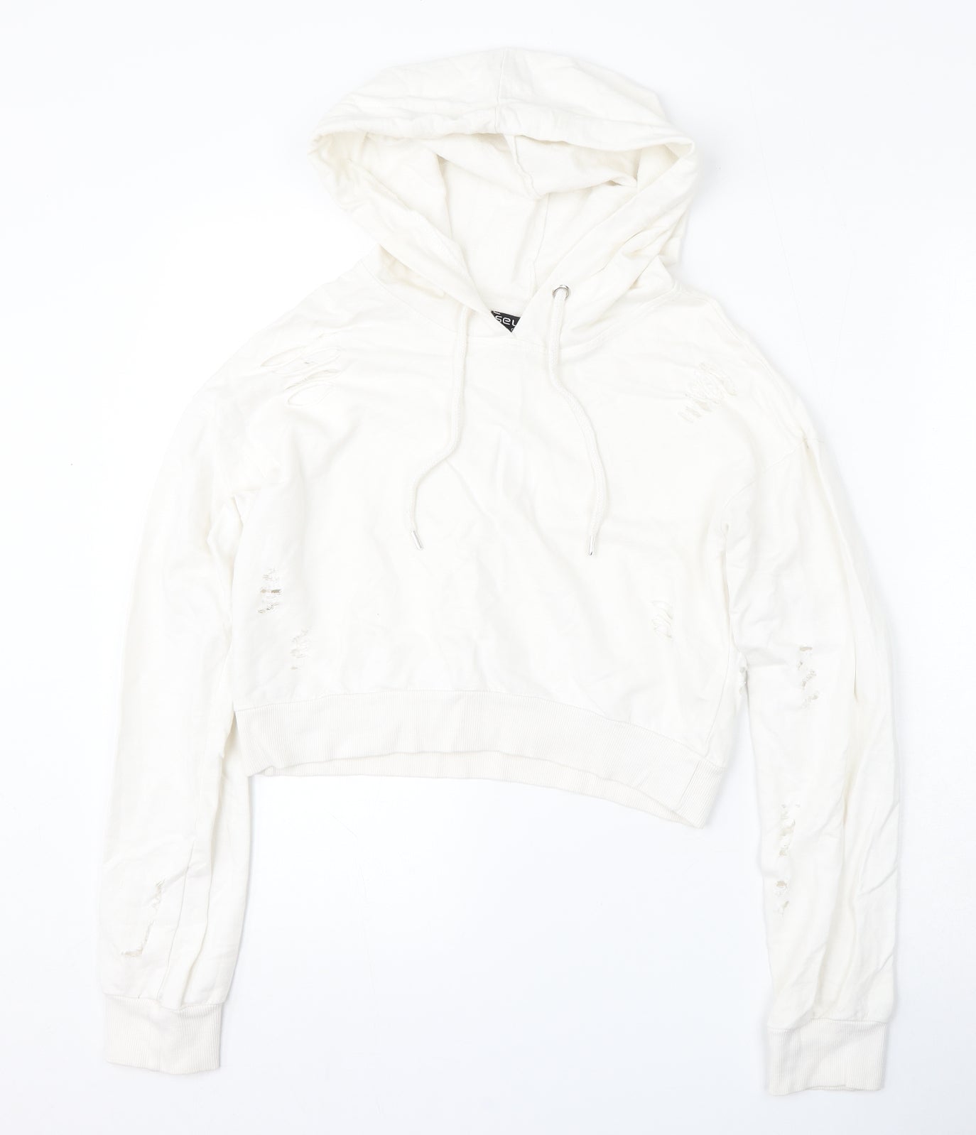 Select Womens White  Cotton Pullover Hoodie Size 6  Tie - Distressed