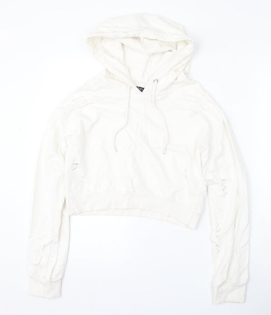 Select Womens White  Cotton Pullover Hoodie Size 6  Tie - Distressed