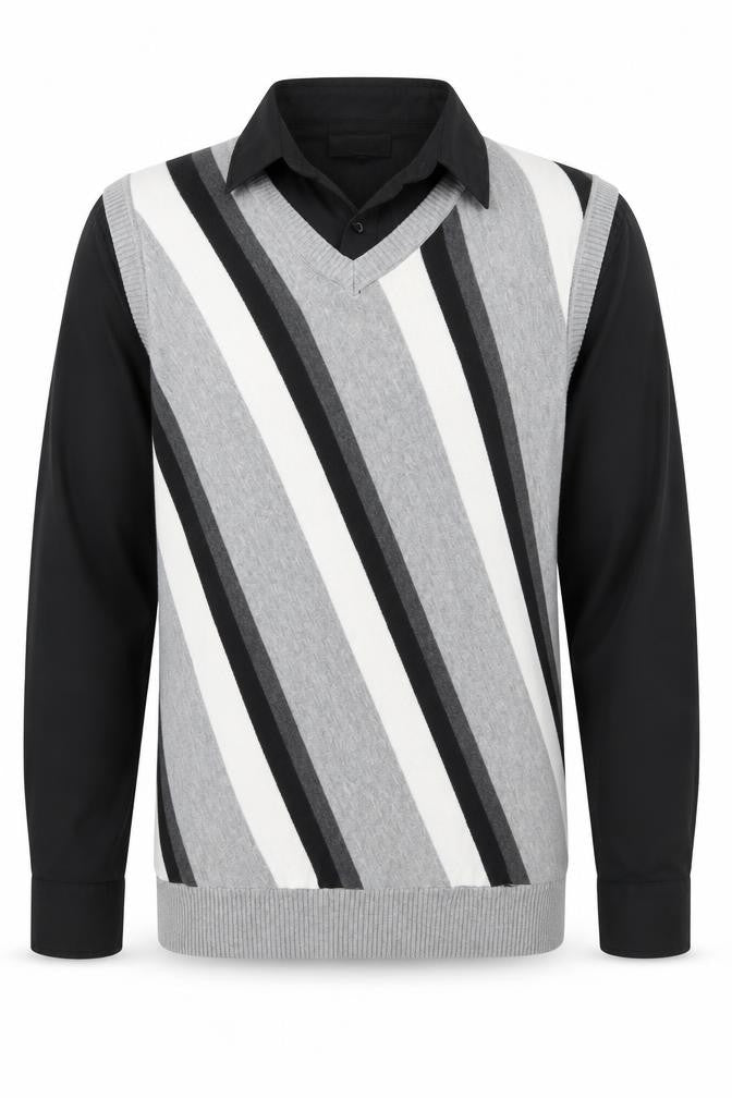 Nobco Mens Grey Collared Striped Acrylic Pullover Jumper Size 2XL