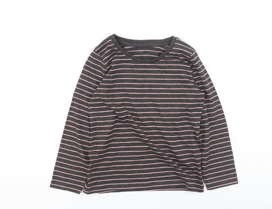 Preworn Girls Grey Striped Cotton Basic Casual Size 3-4 Years Round Neck