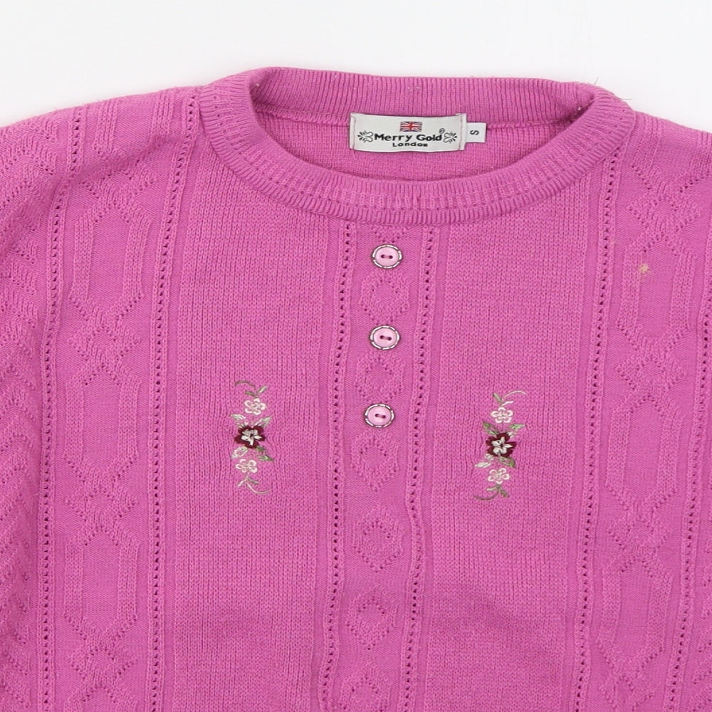 Merry Gold Womens Pink Crew Neck  Acrylic Pullover Jumper Size S   - Flowers