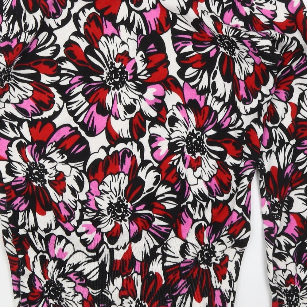 M&Co Womens Red Round Neck Floral Cotton Cardigan Jumper Size 10