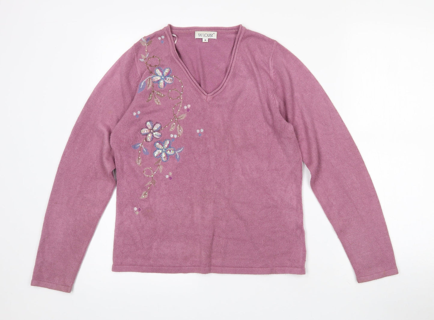 Fay Louise Womens Purple V-Neck Floral Acrylic Pullover Jumper Size M