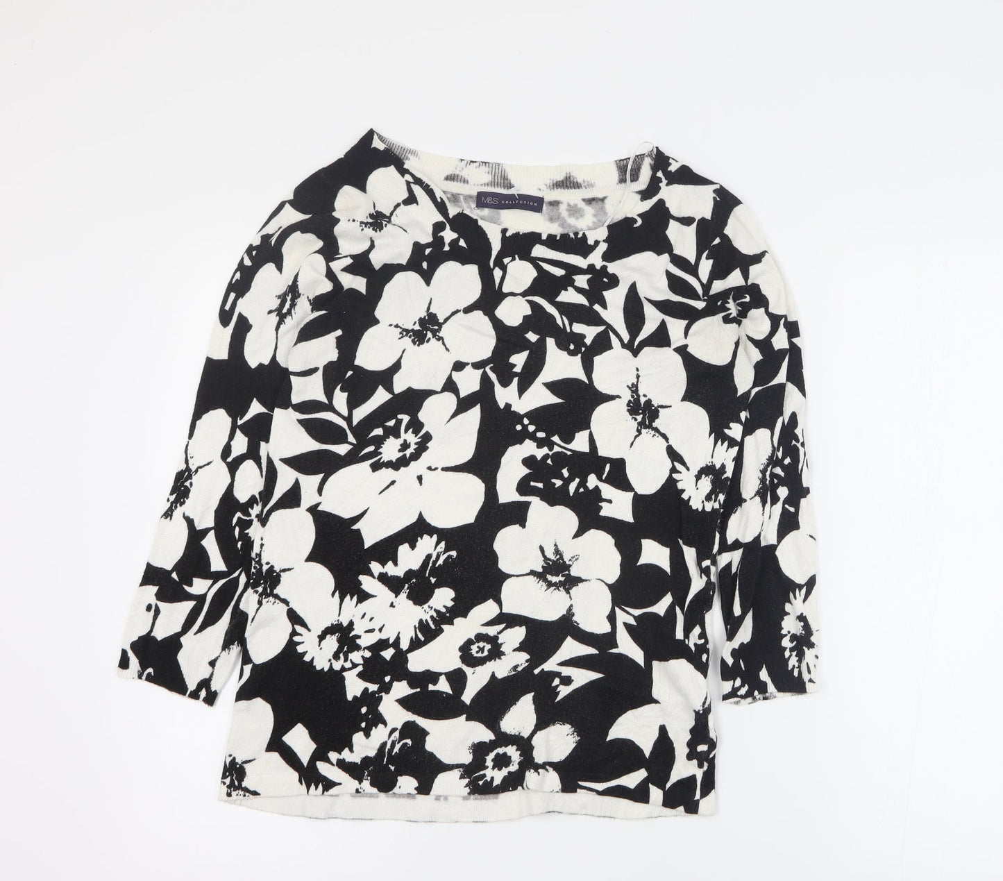 Marks and Spencer Womens Black Round Neck Floral Viscose Pullover Jumper Size 8