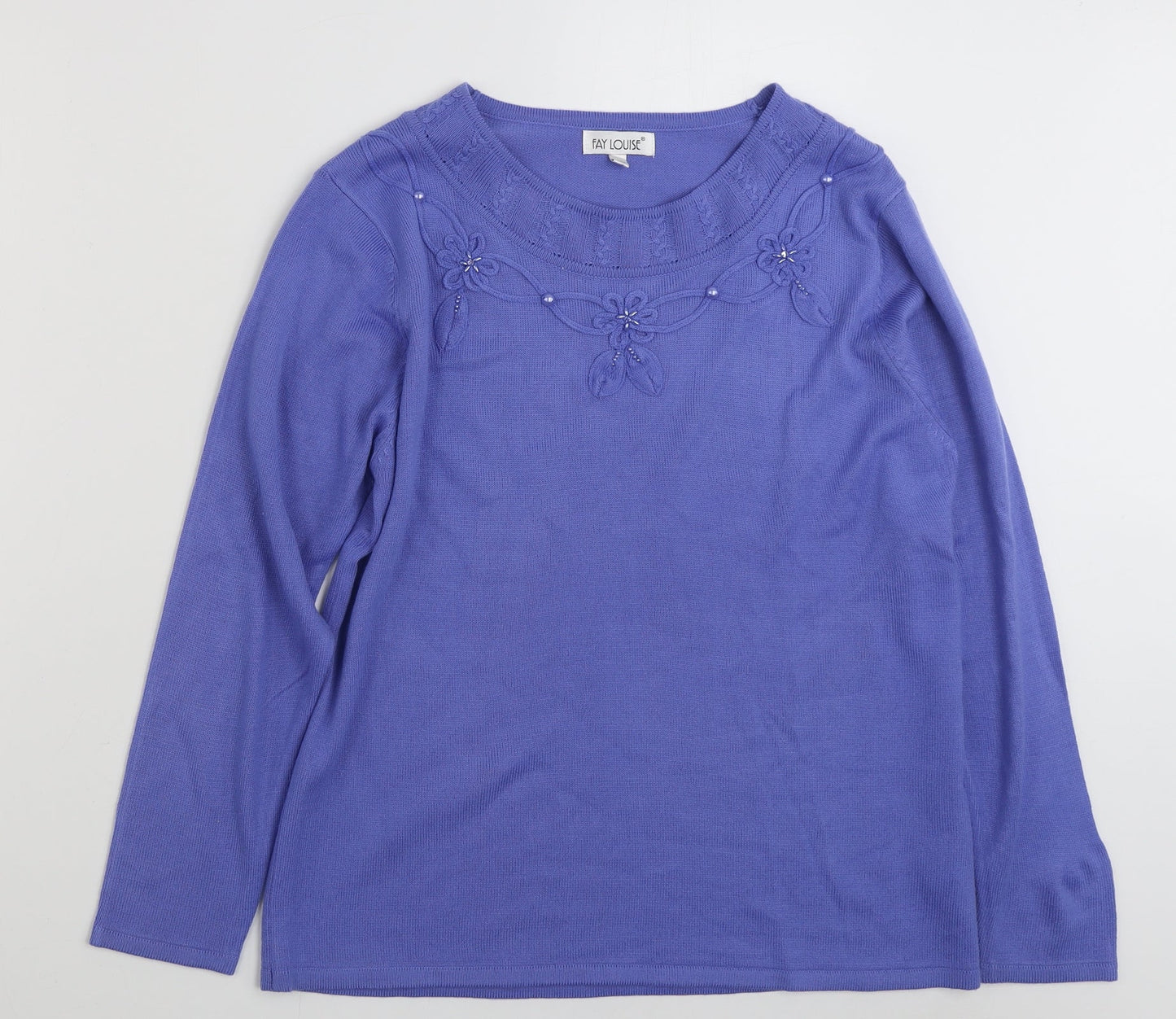 Fay Louise Womens Blue Boat Neck Floral Acrylic Pullover Jumper Size M   - Size M-L