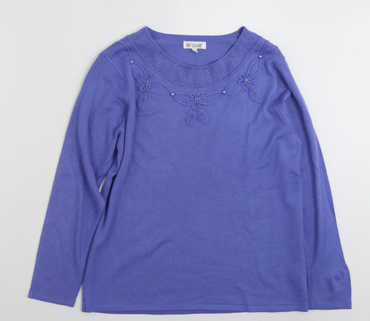 Fay Louise Womens Blue Boat Neck Floral Acrylic Pullover Jumper Size M   - Size M-L