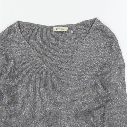 Preloved Precis Womens Silver V-Neck  Viscose Pullover Jumper Size S - Detail