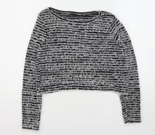 River Island Womens Grey Round Neck Striped Cotton Pullover Jumper Size 12