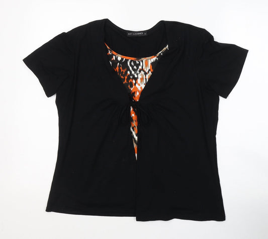 JUST ELEGANCE Womens Black Geometric Viscose Basic T-Shirt Size 14 Round Neck