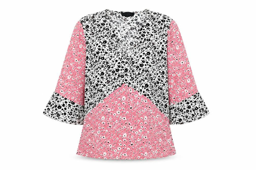 Wednesday's Girl Womens Pink Floral Polyester Basic Blouse Size S V-Neck