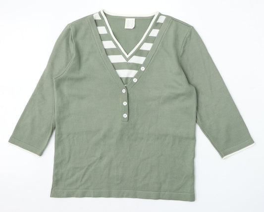 Preworn Womens Green V-Neck Striped Polyacrylate Fibre Cardigan Jumper Size 10