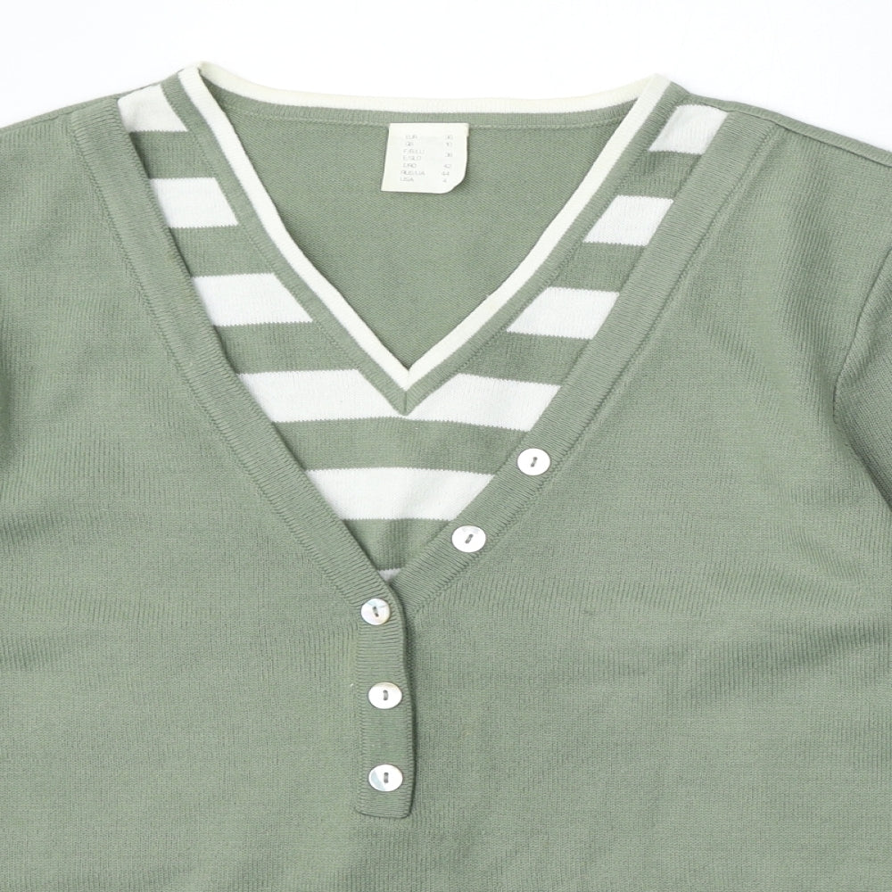 Preworn Womens Green V-Neck Striped Polyacrylate Fibre Cardigan Jumper Size 10