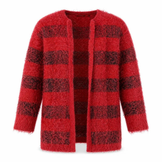 ESMARA Womens Red Round Neck Check Polyamide Cardigan Jumper Size S