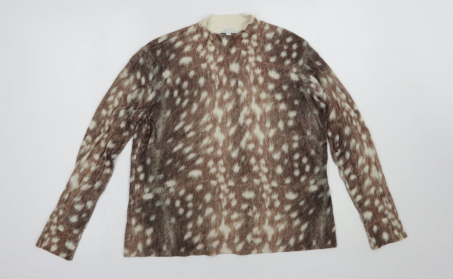 Warehouse Womens Brown Mock Neck Animal Print Cotton Pullover Jumper Size 8