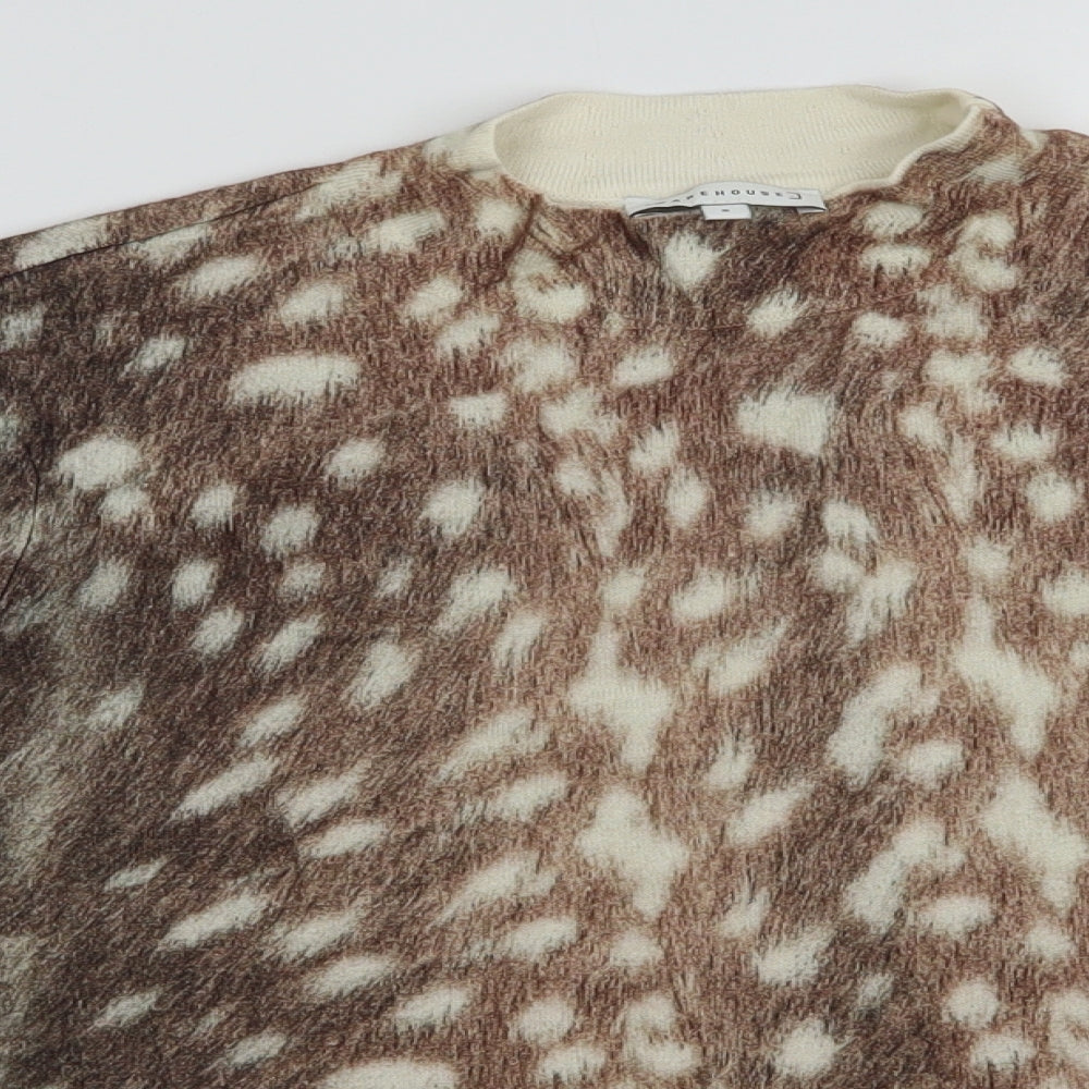 Warehouse Womens Brown Mock Neck Animal Print Cotton Pullover Jumper Size 8