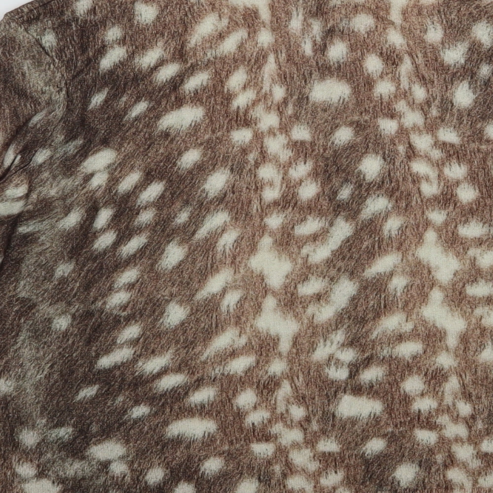 Warehouse Womens Brown Mock Neck Animal Print Cotton Pullover Jumper Size 8