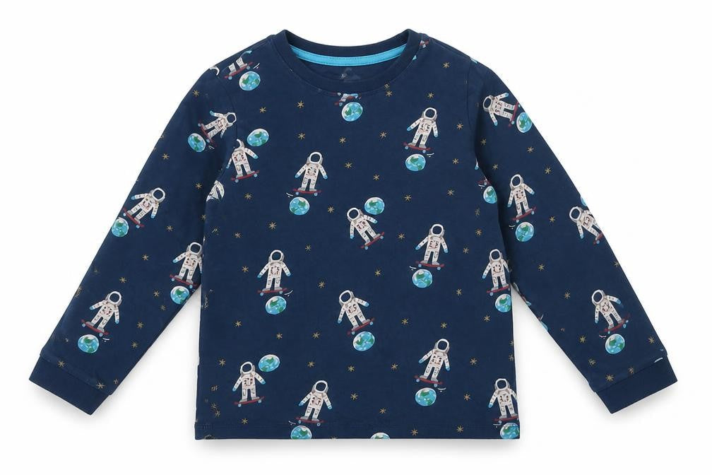 Marks & Spencer Boys Blue  Cotton Basic T-Shirt Size 4-5 Years Round Neck  - Spaceman