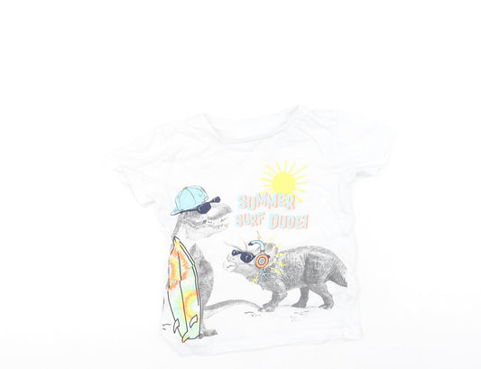 Dunnes Stores Boys White  Cotton Basic Casual Size 2-3 Years Round Neck  - Dinosaur, SUMMER SURF DUDE!