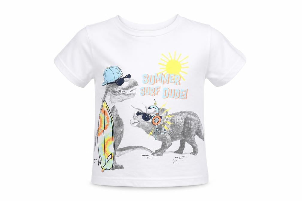 Dunnes Boys White  Cotton Basic Casual Size 2-3 Years Round Neck  - Dinosaur, SUMMER SURF DUDE!