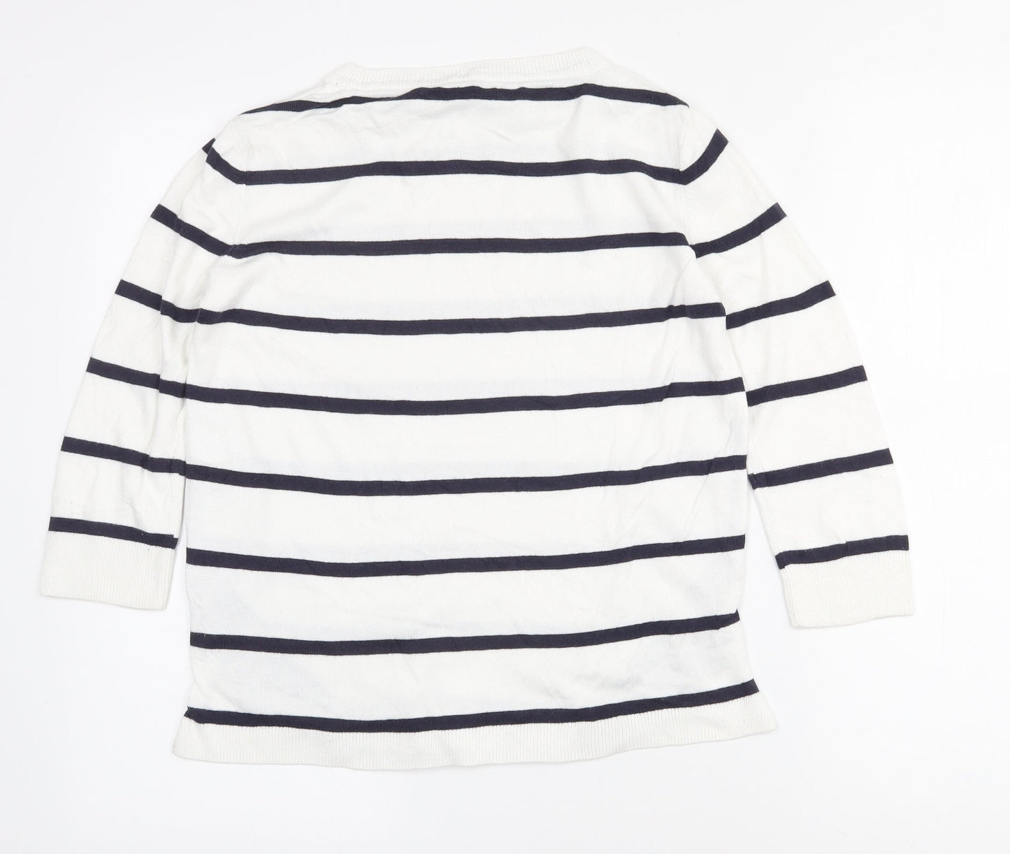 Marks and Spencer Womens White Crew Neck Striped Cotton Pullover Jumper Size 8