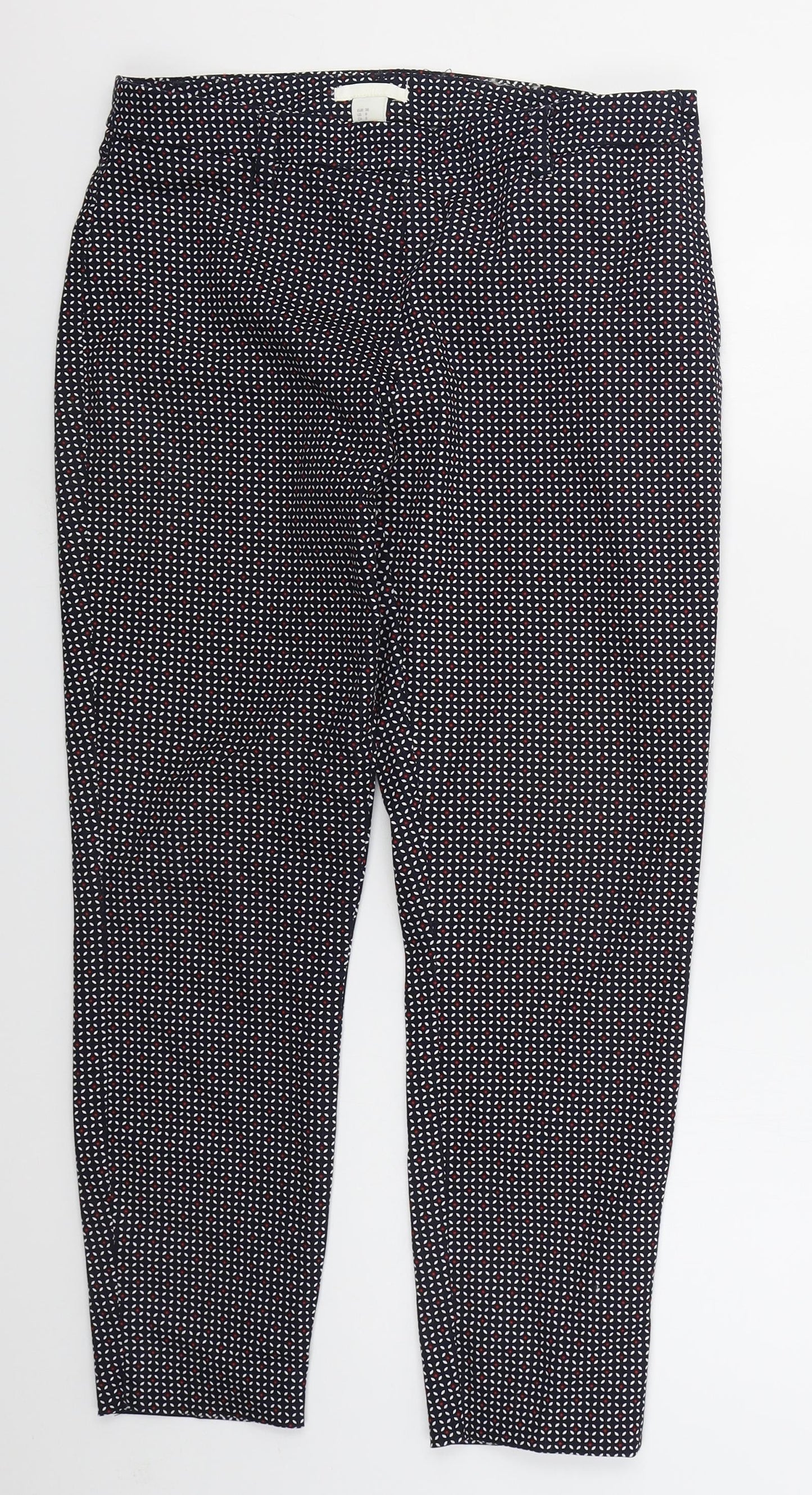 H&M Womens Blue Geometric Cotton Trousers  Size 10 L25 in Regular Zip