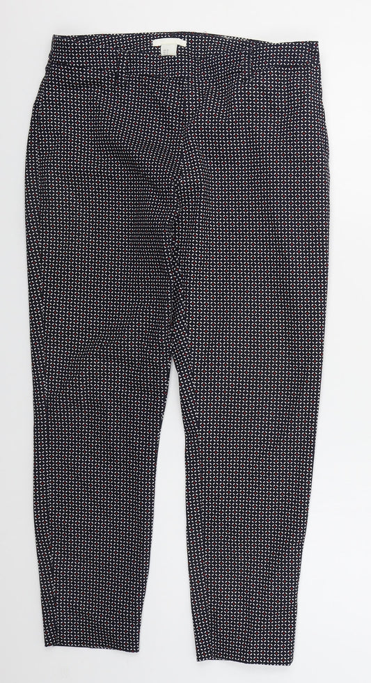 H&M Womens Blue Geometric Cotton Trousers  Size 10 L25 in Regular Zip