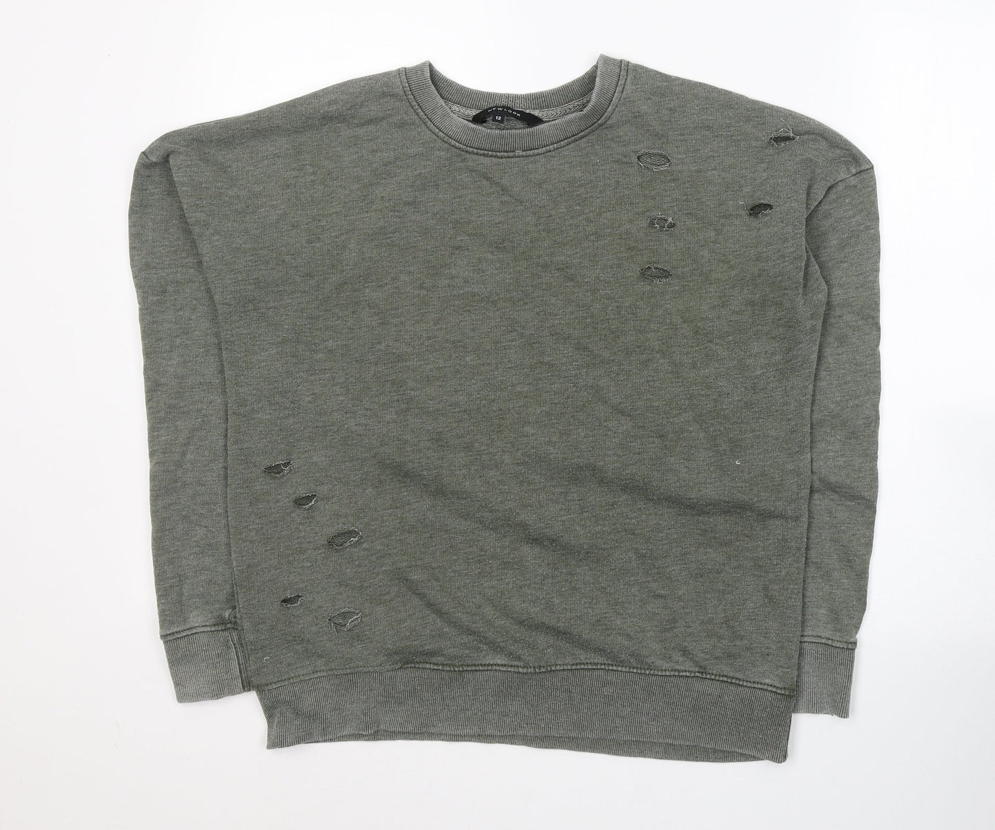 New Look Womens Green Round Neck  Cotton Pullover Jumper Size 12   - ripped detail