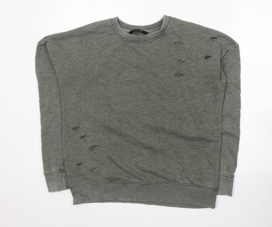 New Look Womens Green Round Neck  Cotton Pullover Jumper Size 12   - ripped detail