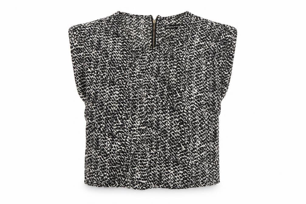 Glamorous Womens Black Geometric Cotton Basic Blouse Size 8 Round Neck
