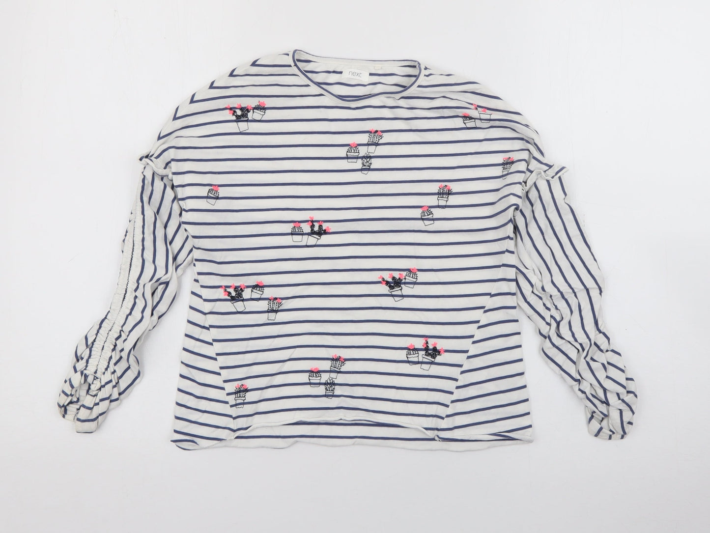 NEXT Girls White Striped Cotton Pullover T-Shirt Size 7 Years Crew Neck  - Cacti
