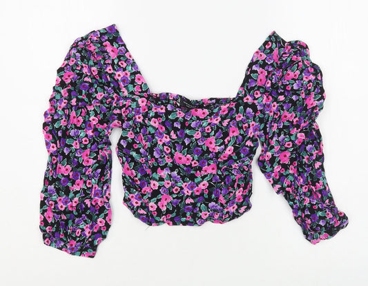Zara Womens Purple Floral Viscose Basic Blouse Size XS Square Neck