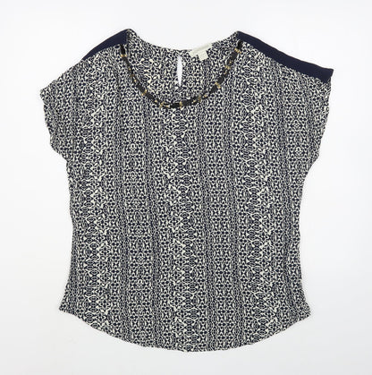 Monsoon Womens Blue Geometric Viscose Basic Blouse Size 14 Scoop Neck