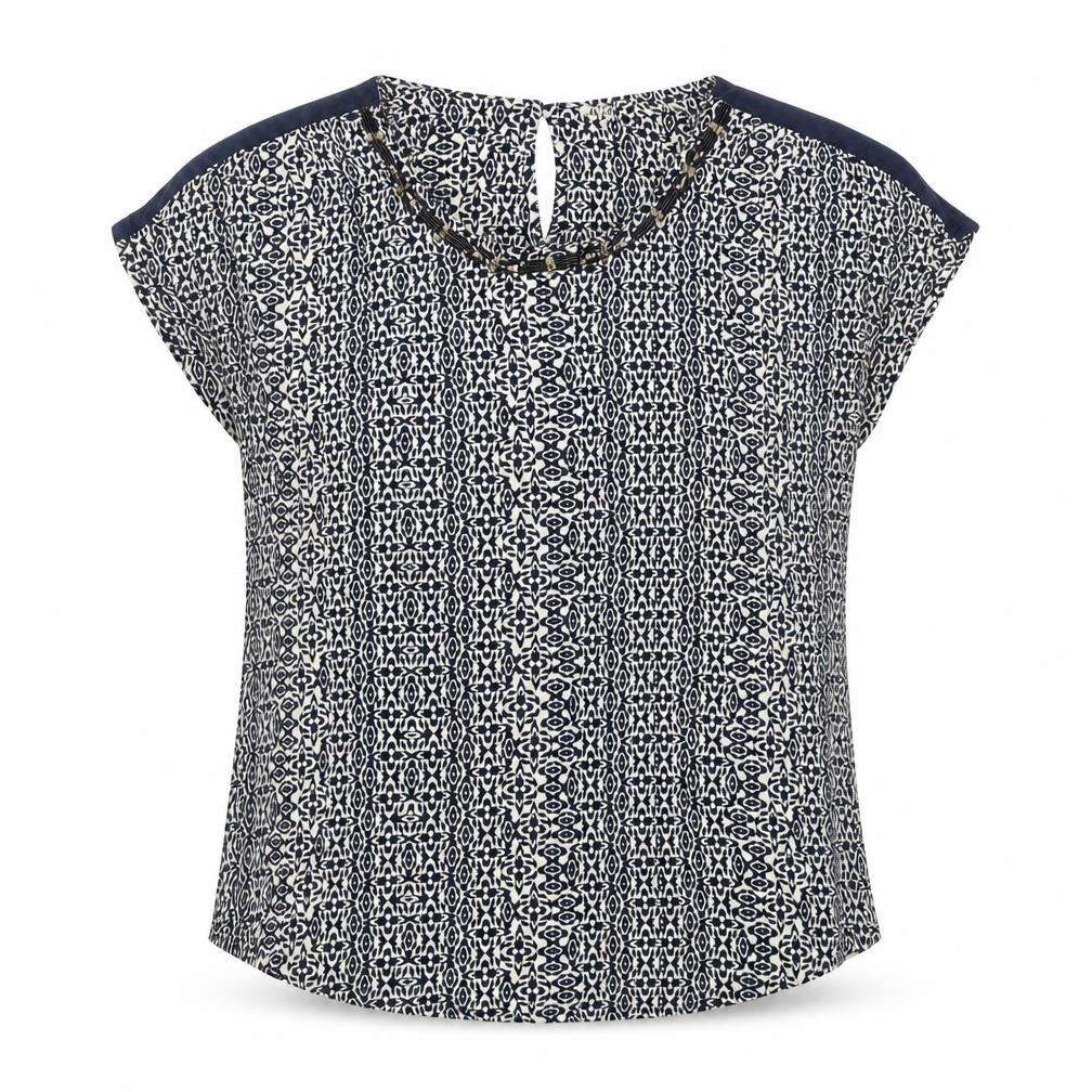 Monsoon Womens Blue Geometric Viscose Basic Blouse Size 14 Scoop Neck