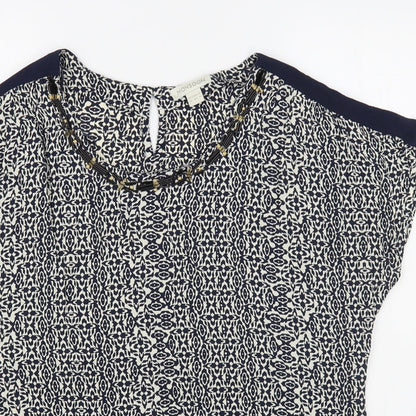Monsoon Womens Blue Geometric Viscose Basic Blouse Size 14 Scoop Neck