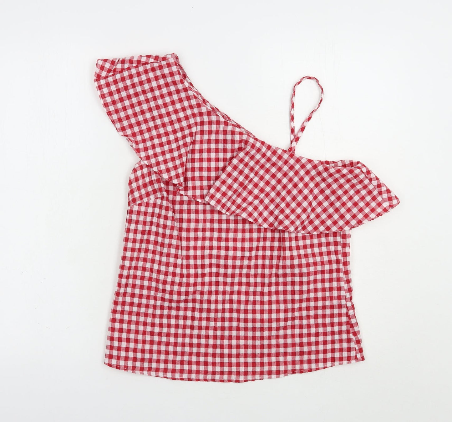 New LKook Womens Red Check Polyester Basic Blouse Size 8 One Shoulder