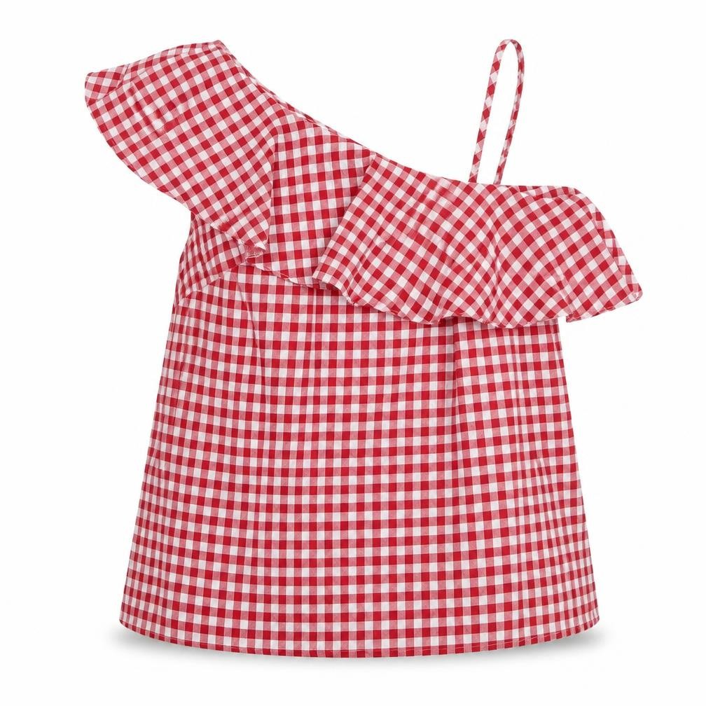 New LKook Womens Red Check Polyester Basic Blouse Size 8 One Shoulder