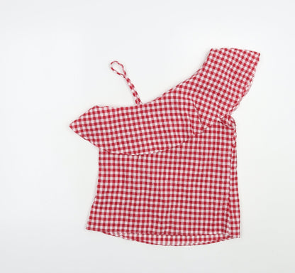 New Look Womens Red Check Polyester Basic Blouse Size 8 One Shoulder