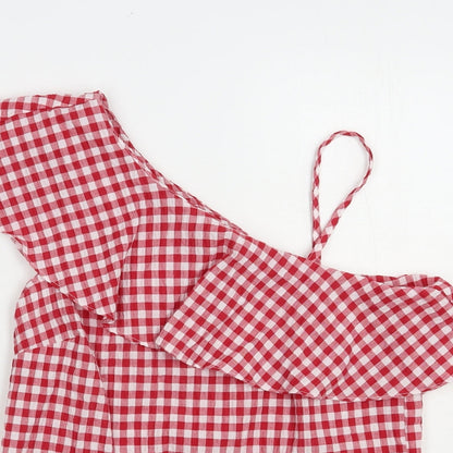 New Look Womens Red Check Polyester Basic Blouse Size 8 One Shoulder