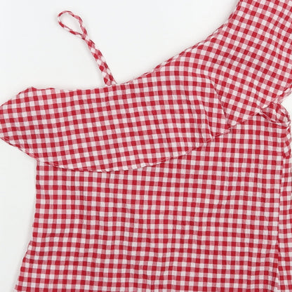New Look Womens Red Check Polyester Basic Blouse Size 8 One Shoulder