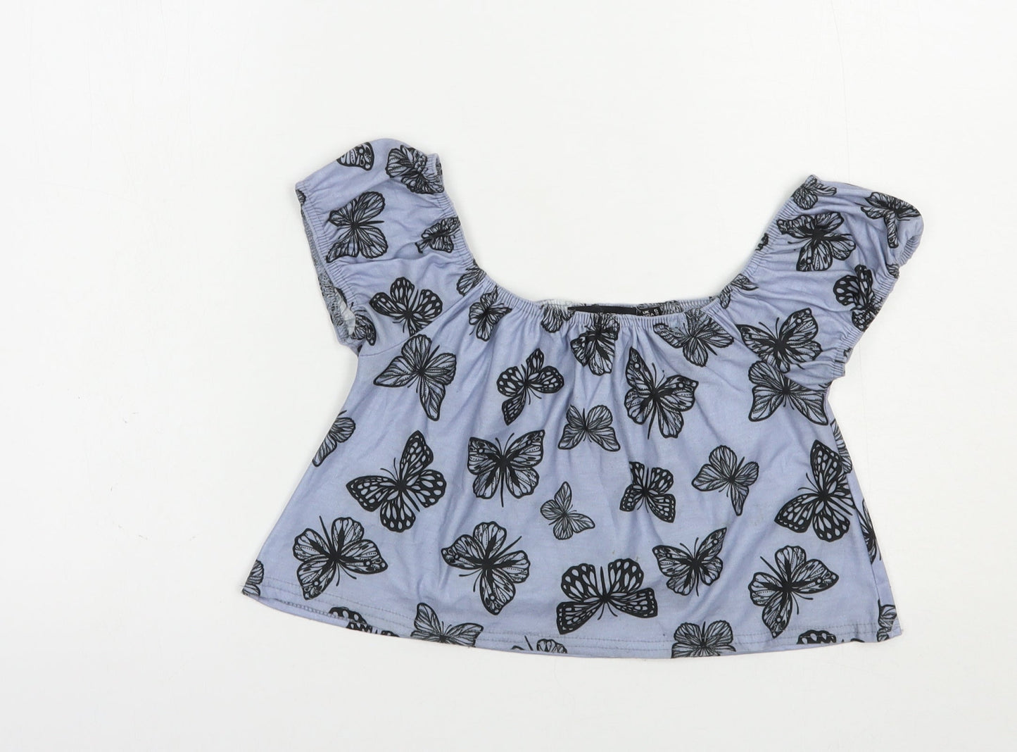 In the Style Womens Blue Geometric Polyester Cropped Blouse Size 6 Off the Shoulder - Butterfly Print